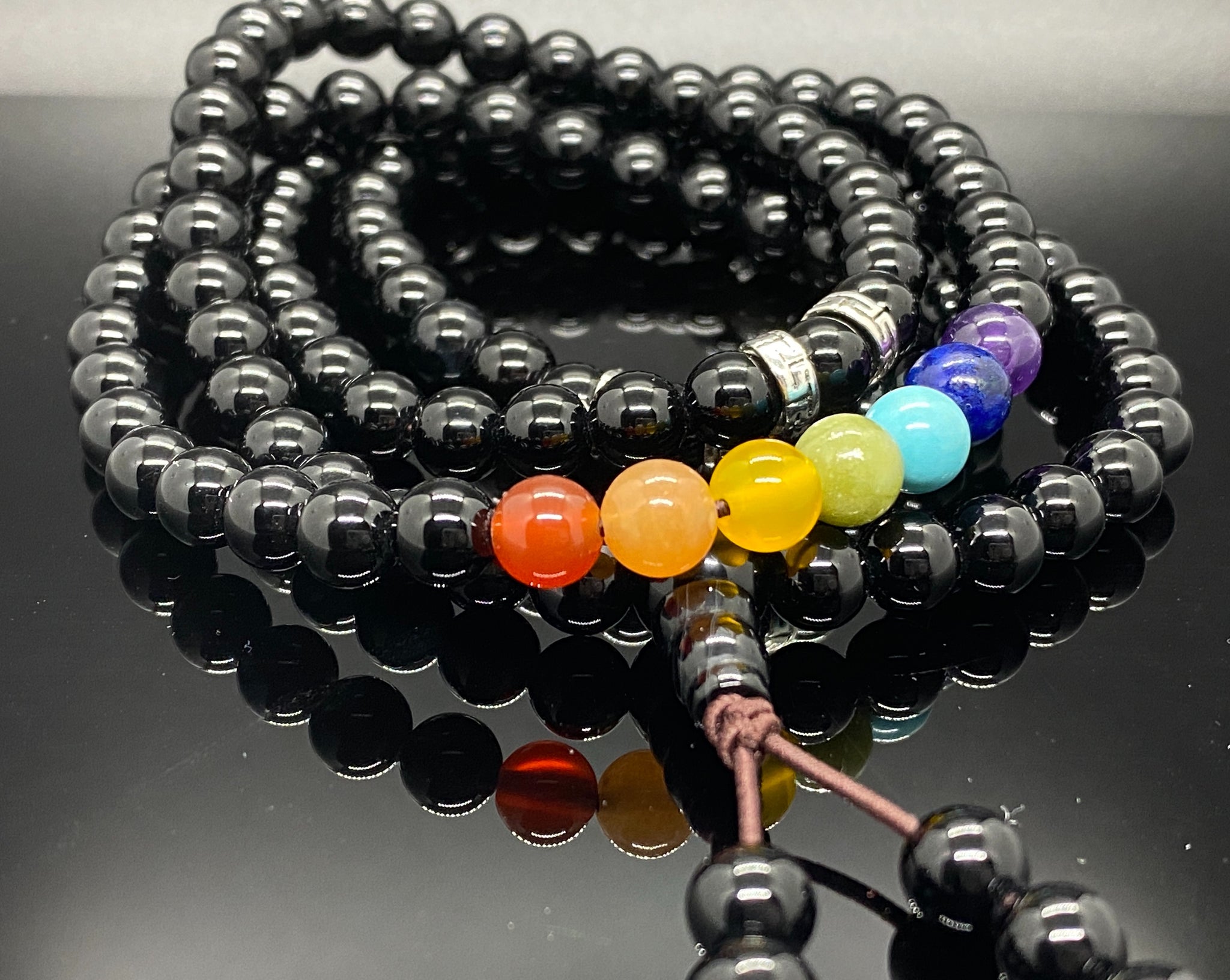 108 Mala Black Onyx x 7 Chakra Mala Buddhist Prayer Bead Necklace